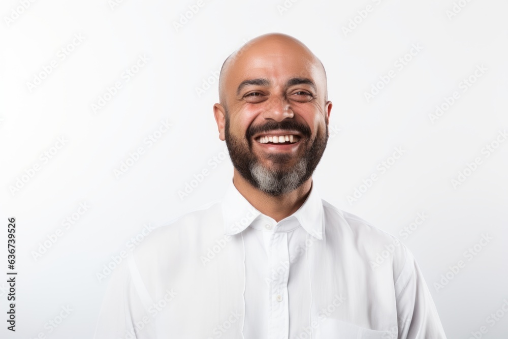 Portrait of a handsome bald man with a beard in a white shirt on a white background Portrait of a handsome bald man with a beard in a white shirt on a white background