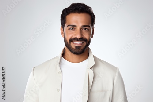 Portrait of a Saudi Arabian man in his 30s in a white background wearing a chic cardigan © Hanne Bauer