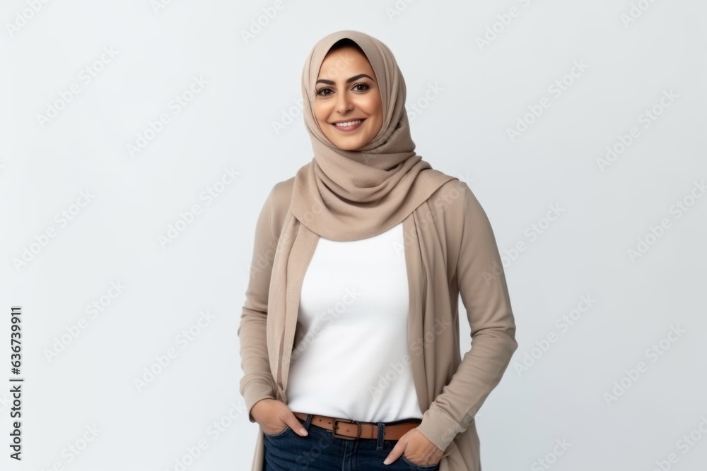 Fototapeta premium Medium shot portrait of a Saudi Arabian woman in her 40s in a white background wearing a chic cardigan