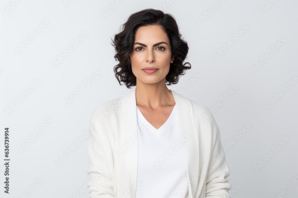 Medium shot portrait of a Saudi Arabian woman in her 40s in a white background wearing a chic cardigan Medium shot portrait of a Saudi Arabian woman in her 40s in a white background wearing a chic cardigan