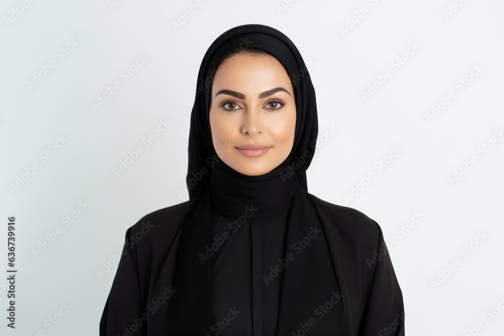 Medium shot portrait of a Saudi Arabian woman in her 40s in a white background wearing a chic cardigan