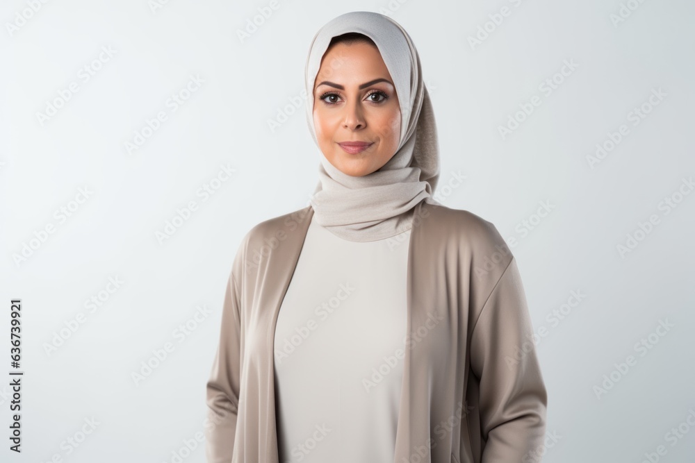 Medium shot portrait of a Saudi Arabian woman in her 40s in a white background wearing a chic cardigan Medium shot portrait of a Saudi Arabian woman in her 40s in a white background wearing a chic cardigan