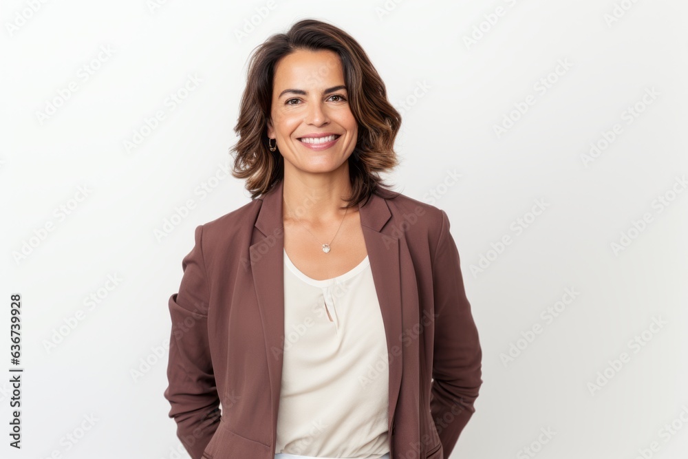 Portrait of a Saudi Arabian woman in her 40s in a white background wearing a chic cardigan Portrait of a Saudi Arabian woman in her 40s in a white background wearing a chic cardigan