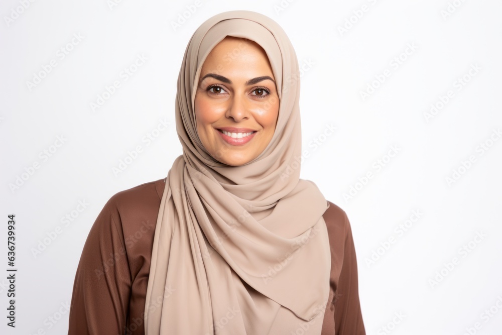 Portrait of a Saudi Arabian woman in her 40s in a white background wearing a chic cardigan Portrait of a Saudi Arabian woman in her 40s in a white background wearing a chic cardigan