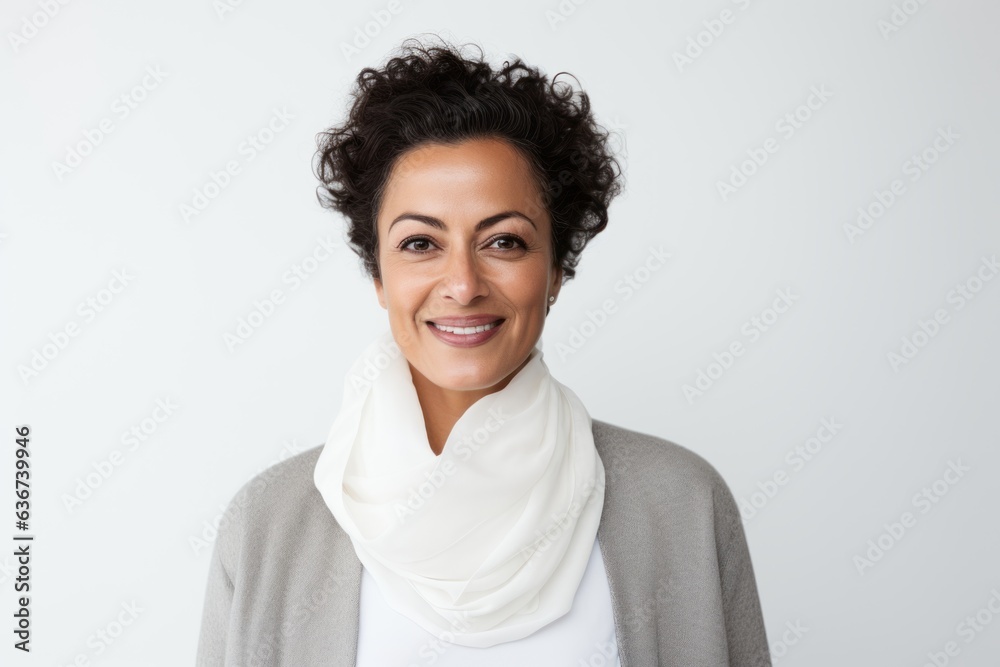 Portrait of a Saudi Arabian woman in her 40s in a white background wearing a chic cardigan Portrait of a Saudi Arabian woman in her 40s in a white background wearing a chic cardigan