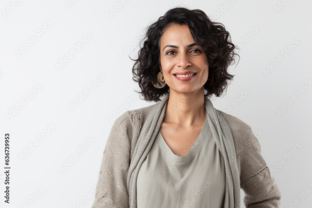 Portrait of a Saudi Arabian woman in her 40s in a white background wearing a chic cardigan Portrait of a Saudi Arabian woman in her 40s in a white background wearing a chic cardigan