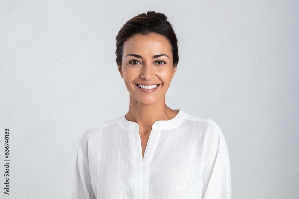 Medium shot portrait of a Saudi Arabian woman in her 40s in a white background wearing a simple tunic Medium shot portrait of a Saudi Arabian woman in her 40s in a white background wearing a simple tunic