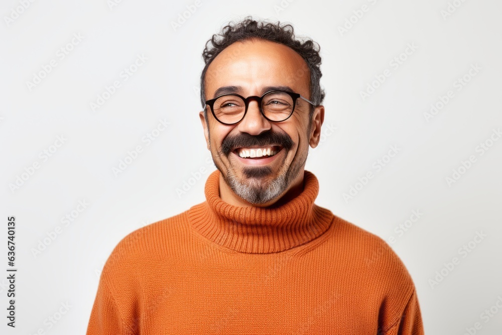 Fototapeta premium Portrait of a Saudi Arabian man in his 40s in a white background wearing a cozy sweater