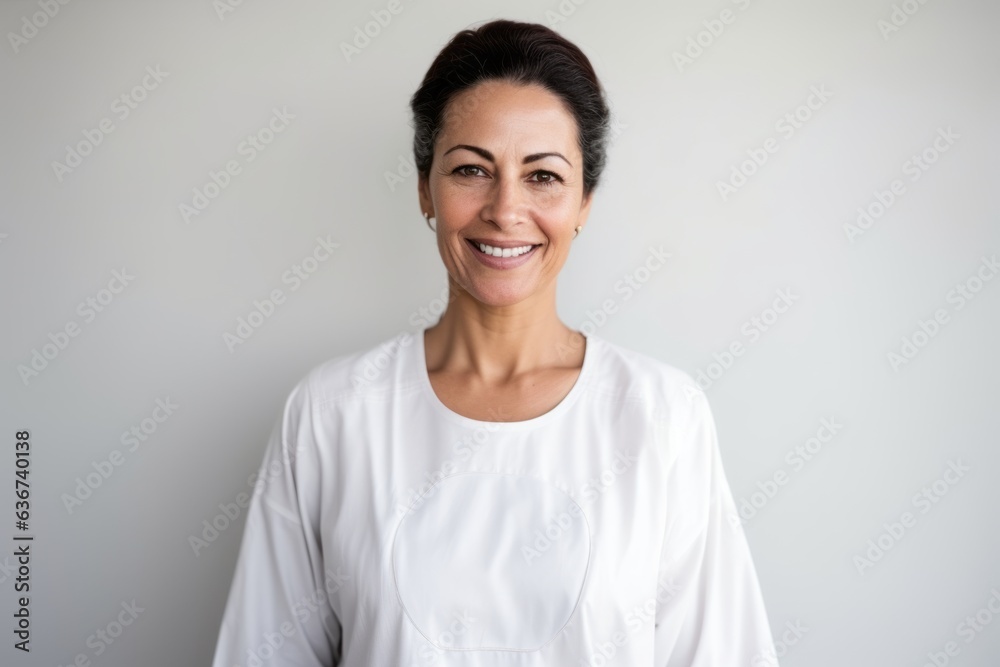 Medium shot portrait of a Saudi Arabian woman in her 40s in a white background wearing a simple tunic