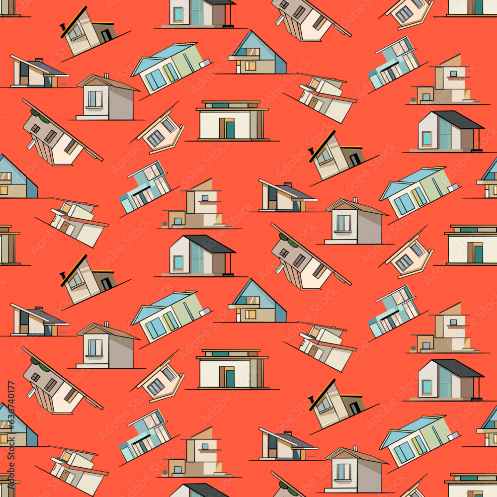 Vector seamless half-drop pattern, with house