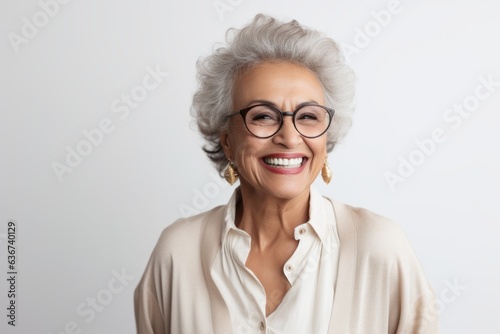 Portrait of happy senior woman in eyeglasses looking at camera