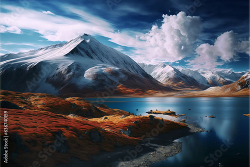 Radiant Daytime Mountain Scenery: Snowy Peaks Against a Backdrop of Azure Lake and White Clouds in the Sky