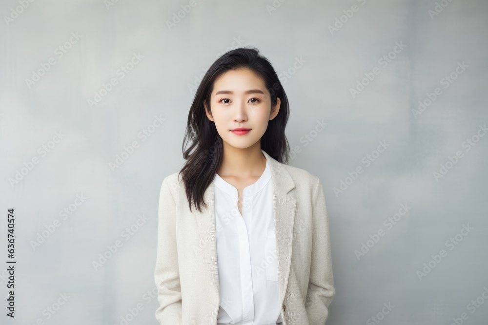 Portrait of young asian businesswoman standing against gray background. Portrait of young asian businesswoman standing against gray background.