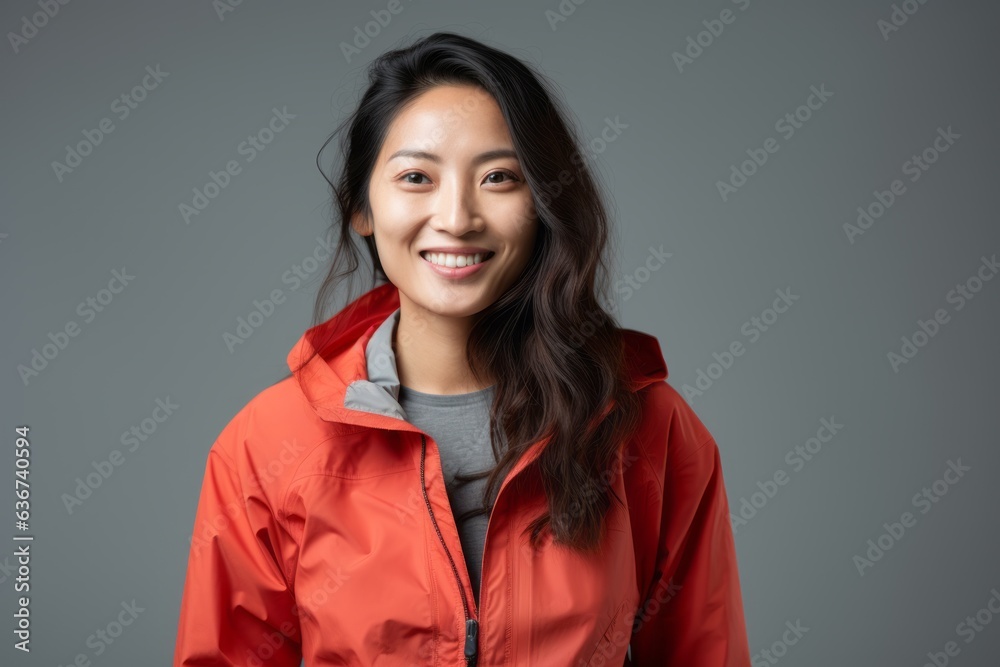 Portrait of a smiling asian woman in raincoat on grey background Portrait of a smiling asian woman in raincoat on grey background