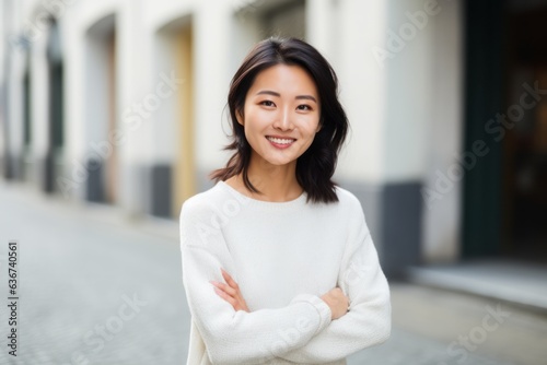 Smiling asian woman standing with arms crossed in the city street
