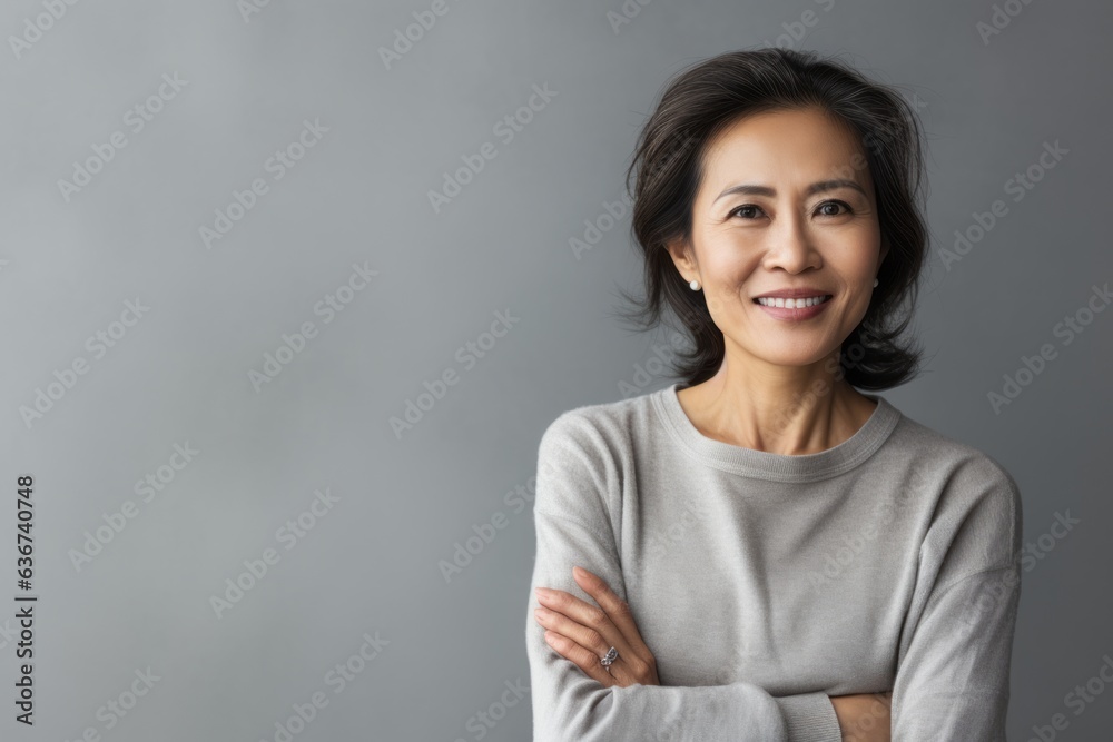 Portrait of a smiling mature Asian woman with crossed arms standing against grey background Portrait of a smiling mature Asian woman with crossed arms standing against grey background