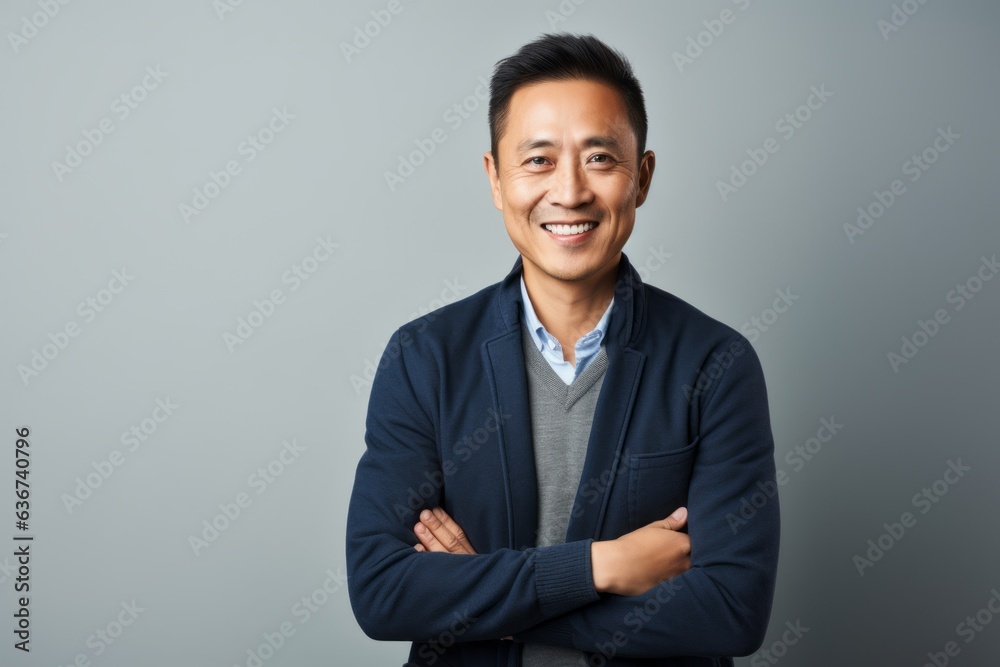 Portrait of smiling asian man with crossed arms against grey background Portrait of smiling asian man with crossed arms against grey background
