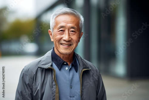 Portrait of happy senior man in urban background. Asian pensioner smiling and looking at camera.