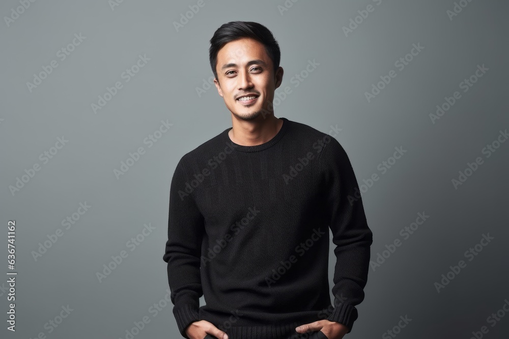 Portrait of a handsome young asian man in black sweater on grey background Portrait of a handsome young asian man in black sweater on grey background