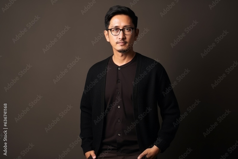 Portrait of a confident young Asian man wearing glasses against gray background