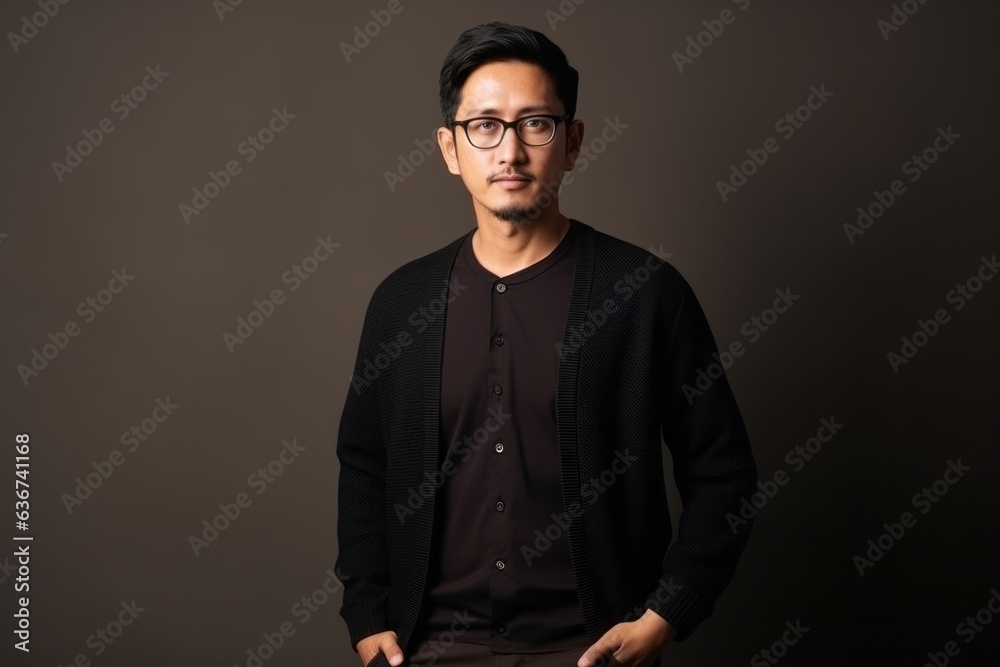 Obraz premium Portrait of a confident young Asian man wearing glasses against gray background