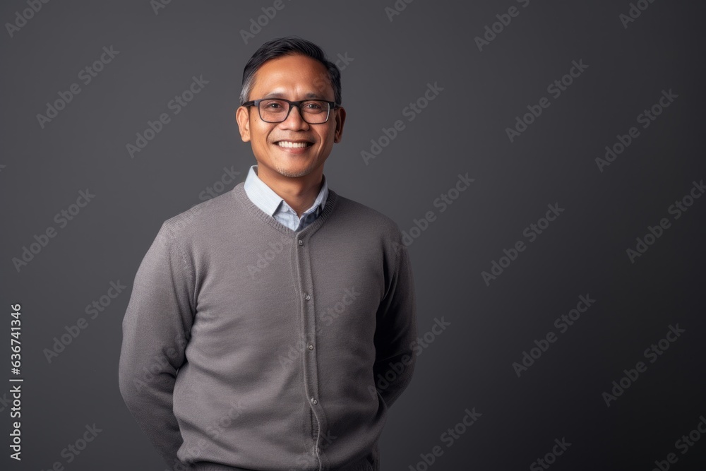Portrait of a happy asian man in eyeglasses against grey background Portrait of a happy asian man in eyeglasses against grey background