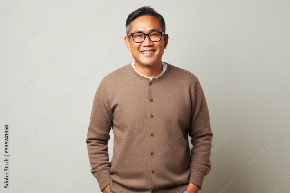 Obraz premium Portrait of a happy young asian man standing against gray background