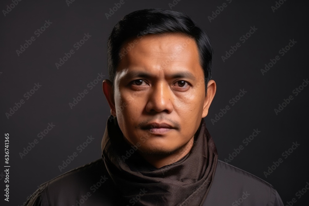 Portrait of young handsome Asian man wearing hijab against black background.