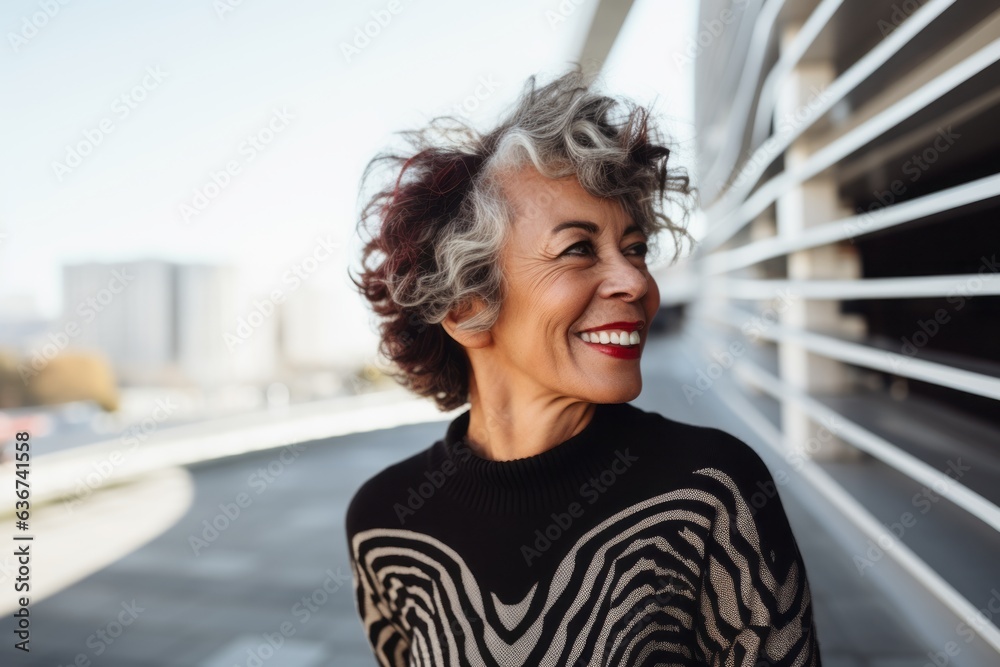 Portrait of a Brazilian woman in her 60s in a modern architectural background wearing a cozy sweater