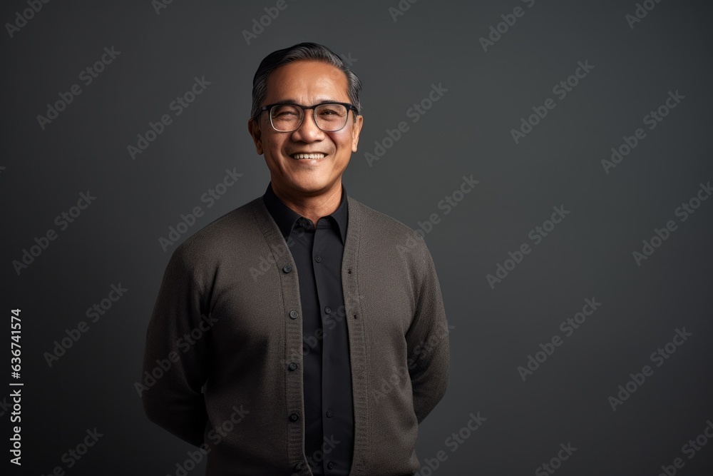 Portrait of a happy mature Indian man in eyeglasses against grey background Portrait of a happy mature Indian man in eyeglasses against grey background