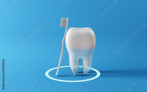 Healthy white tooth with toothbrush, Oral health and dental inspection teeth. Medical dentist tool, children healthcare, 3D render