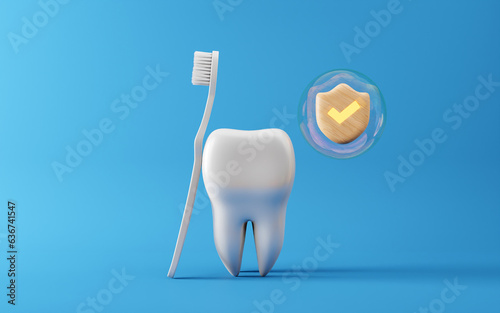 Healthy white tooth with toothbrush, Shield protect, Oral health and dental inspection teeth. Medical dentist tool, children healthcare, 3D render