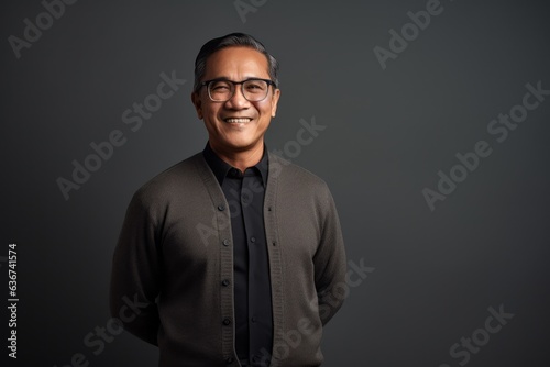 Portrait of a happy mature Indian man in eyeglasses against grey background
