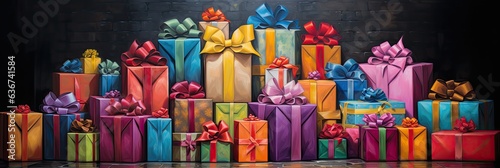 Big stack of colorful Christmas presents christmas gift boxes 