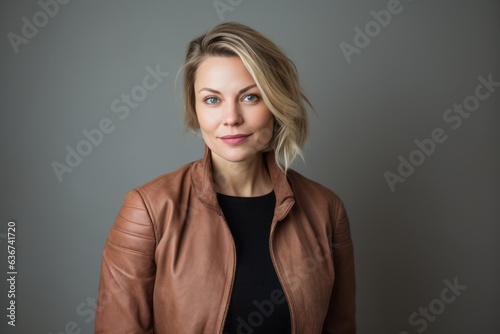 Portrait of a beautiful blonde woman in a brown jacket on a gray background © Eber Braun