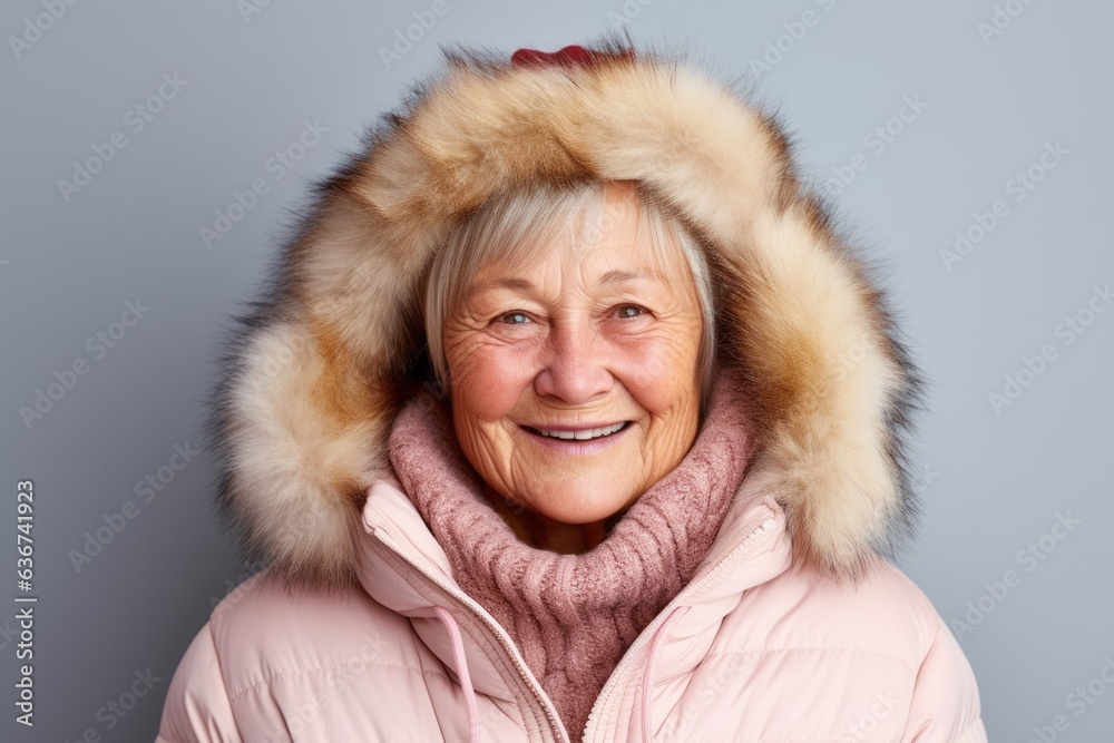 Portrait of happy senior woman in warm winter clothes on grey background Portrait of happy senior woman in warm winter clothes on grey background