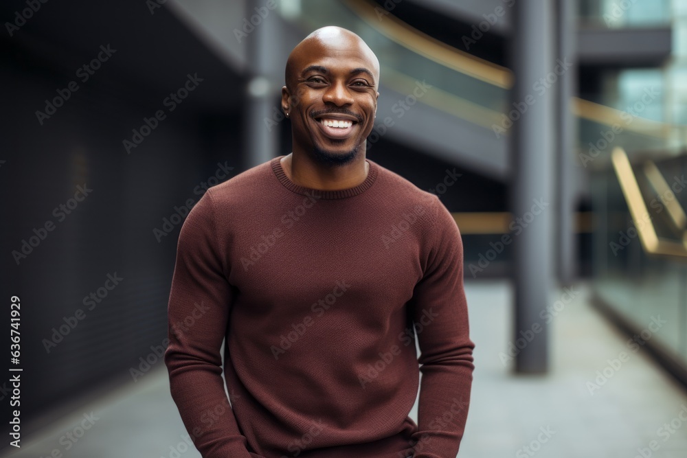 Portrait of a Nigerian man in his 30s in a modern architectural background wearing a cozy sweater Portrait of a Nigerian man in his 30s in a modern architectural background wearing a cozy sweater