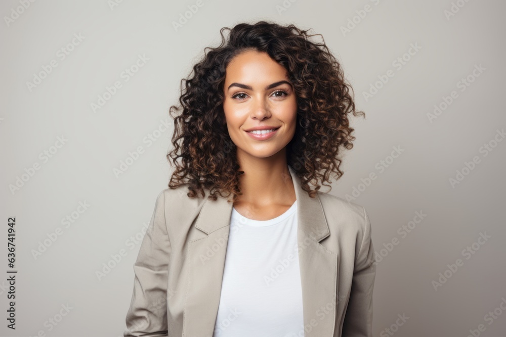 portrait of smiling african american businesswoman looking at camera isolated on grey