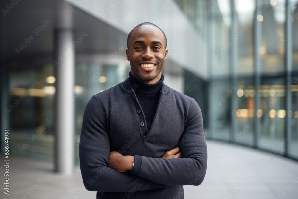 Portrait of a Nigerian man in his 30s in a modern architectural background wearing a cozy sweater Portrait of a Nigerian man in his 30s in a modern architectural background wearing a cozy sweater