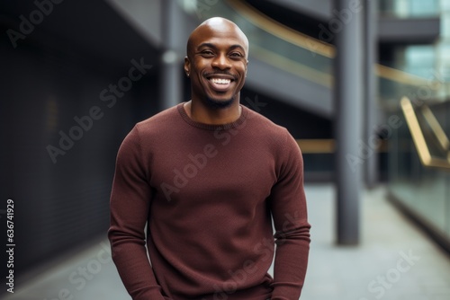 Portrait of a Nigerian man in his 30s in a modern architectural background wearing a cozy sweater