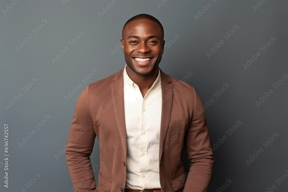 Portrait of happy african american man in jacket on grey background Portrait of happy african american man in jacket on grey background