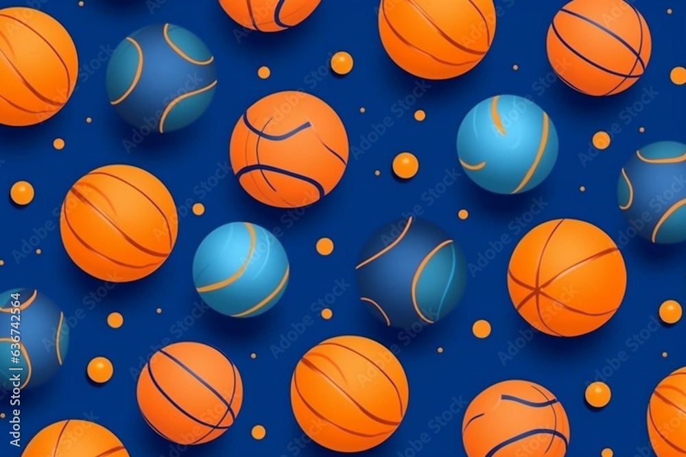 Orange basketball pattern on blue. Sporty concept. Generative AI