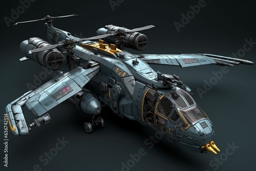 3D futuristic military gunship with heavy weapons on gray background. Generative AI photo