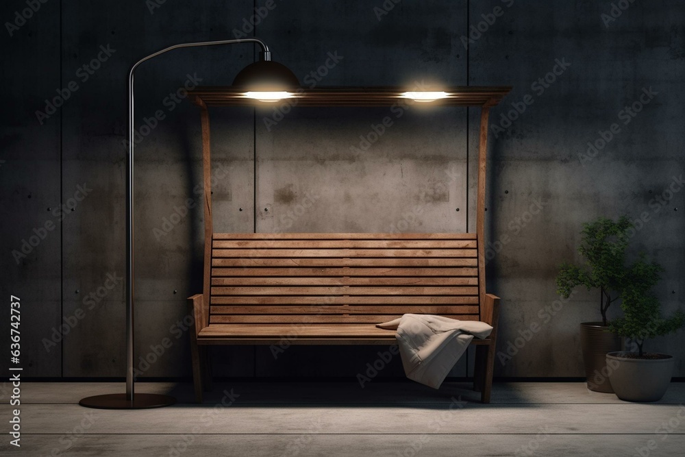 A 3D render of a wooden and metal park bench in a concrete enclosure highlighted by an overhead lamp. Generative AI - obrazy, fototapety, plakaty 