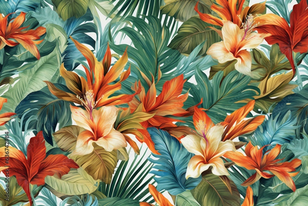 Continuous floral and palm leaf pattern ideal for tropical themes. Generative AI