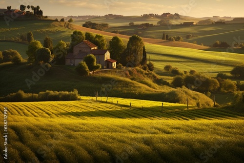 Scenic views of rural countryside and cultivated fields in the Marche region of Italy. Generative AI