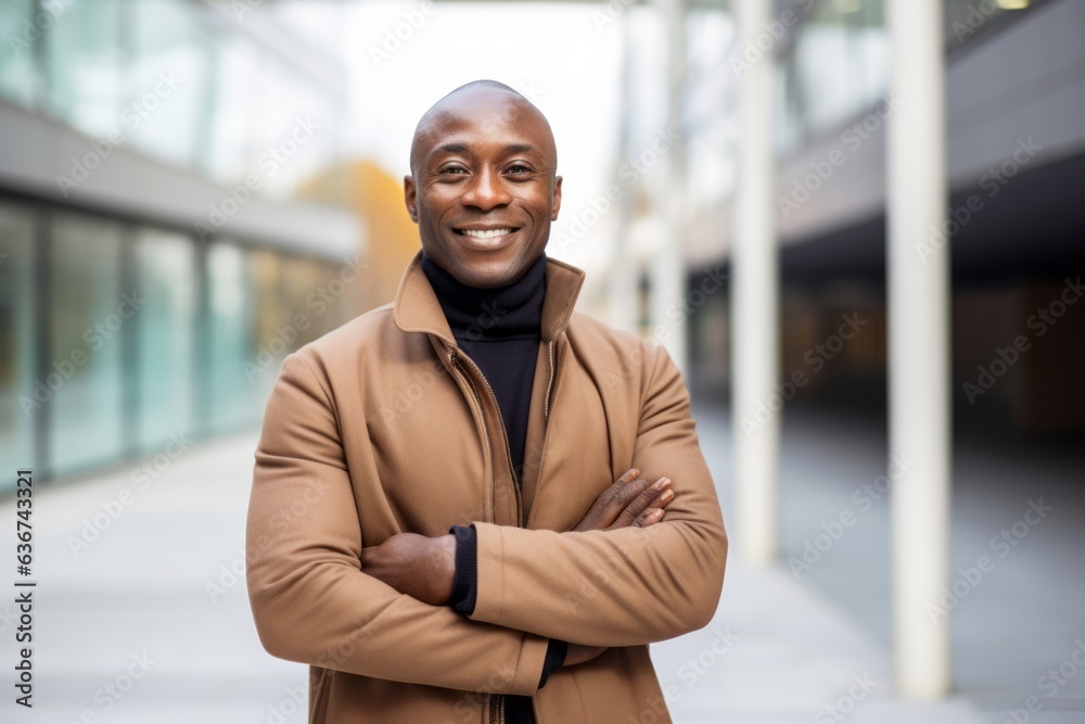 Fototapeta premium Medium shot portrait of a Nigerian man in his 50s in a modern architectural background wearing a chic cardigan