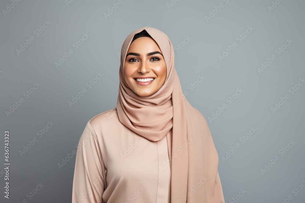 Portrait of a Saudi Arabian woman in her 30s in a minimalist or empty room background wearing a chic cardigan