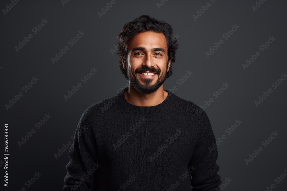 Portrait of a handsome Indian man smiling at camera isolated over black background