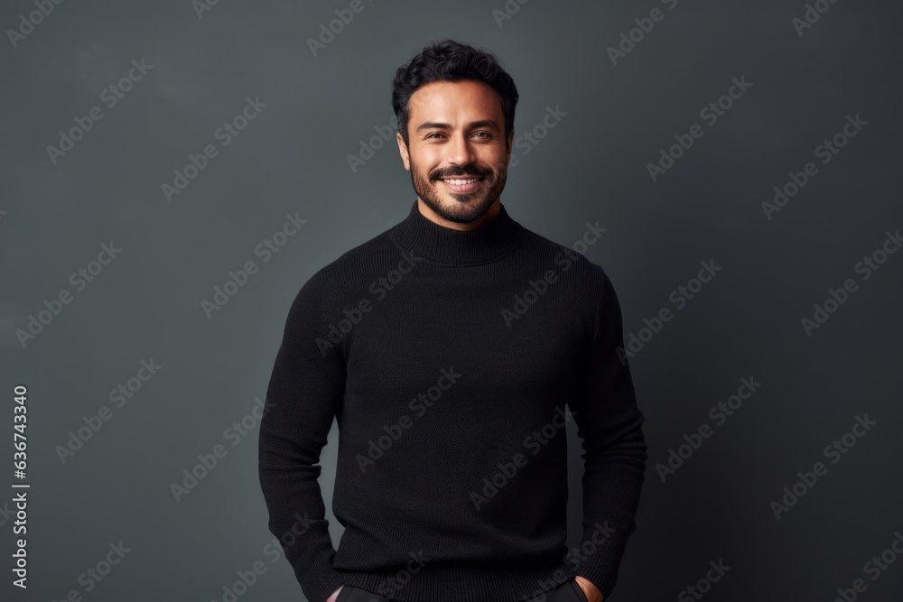 Portrait of a smiling young Indian man standing isolated over grey background